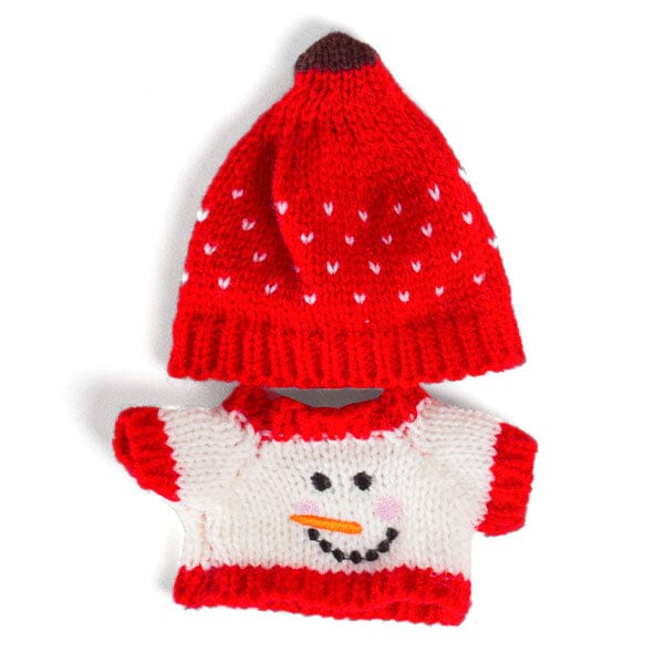 Outfit: Knitted Snowman Sweater & Matching Red Toque for Dolls - Petite Threads