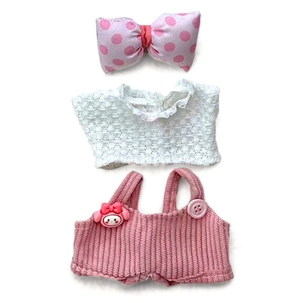 Outfit: Pink Corduroy Overalls & Lace Top w/ Matching Hair Bow for Dolls - Petite Threads