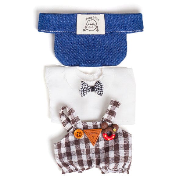 Outfit: Checkered Overalls & Matching Bowtie w/ Denim Visor for Dolls - Petite Threads